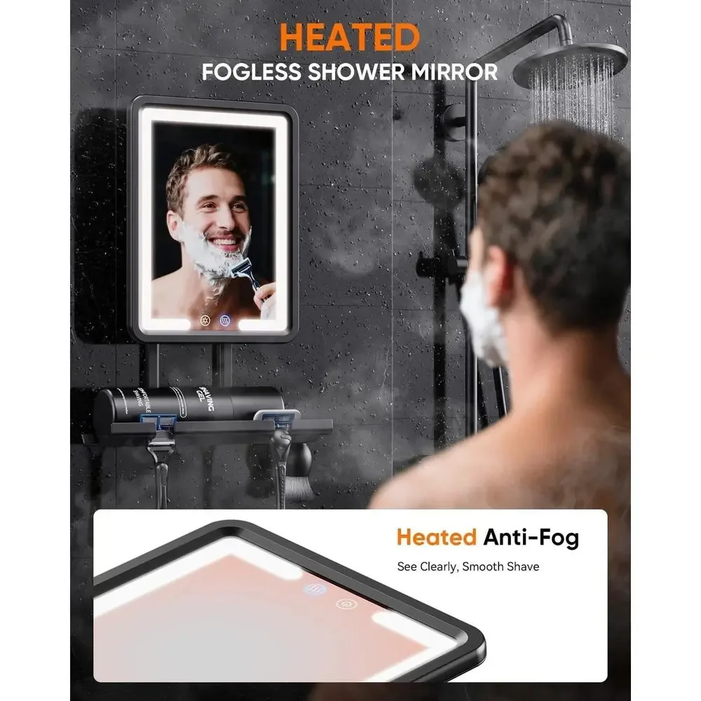 Fogless Shower Mirror Heating Light Shaving Mirror with Razor Holder Large 9.5*8